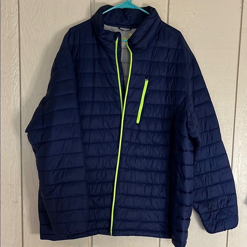 Navy Puffer Jacket with Neon Accents